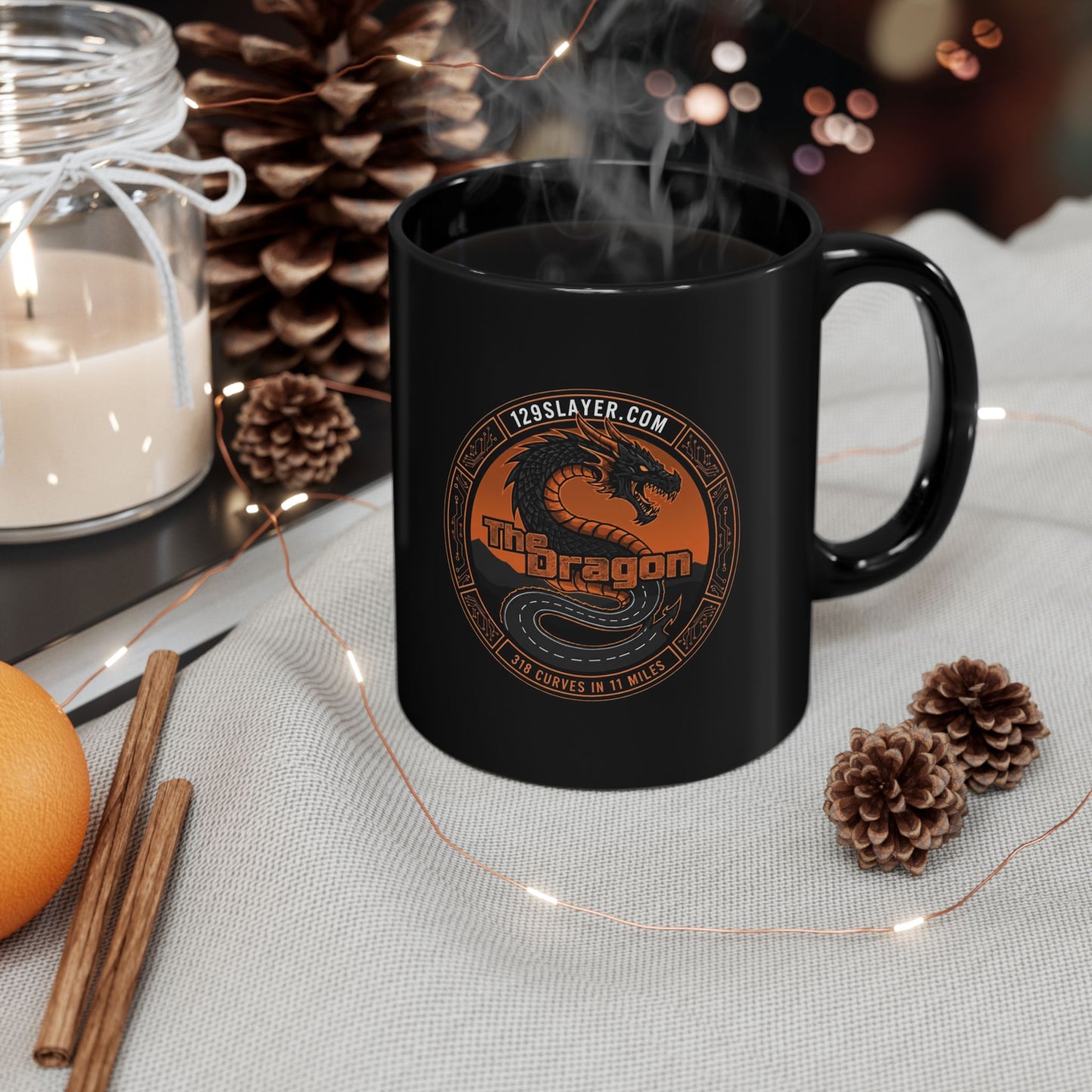 Dragon Emblem Black Mug — Orange Vintage Dragon Logo Coffee Cup (11oz & 15oz)
