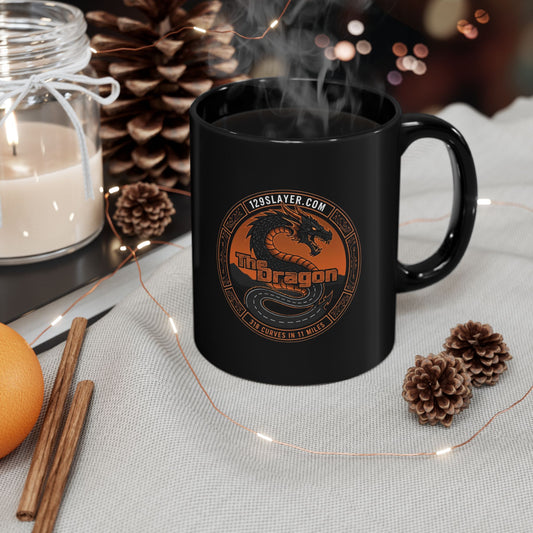 Dragon Emblem Black Mug — Orange Vintage Dragon Logo Coffee Cup (11oz & 15oz)