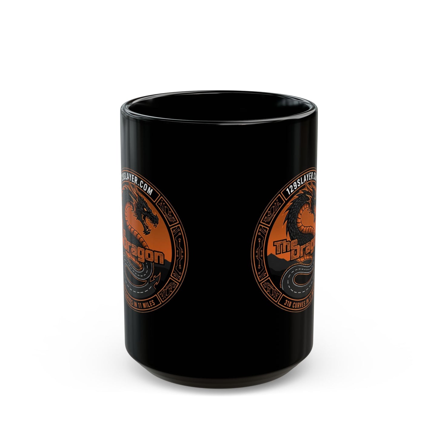 Dragon Emblem Black Mug — Orange Vintage Dragon Logo Coffee Cup (11oz & 15oz)