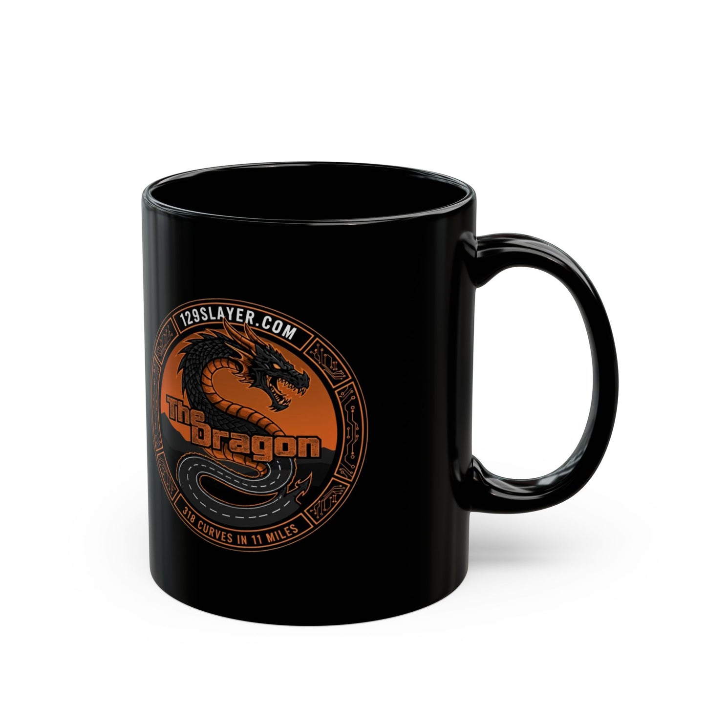 Dragon Emblem Black Mug — Orange Vintage Dragon Logo Coffee Cup (11oz & 15oz)