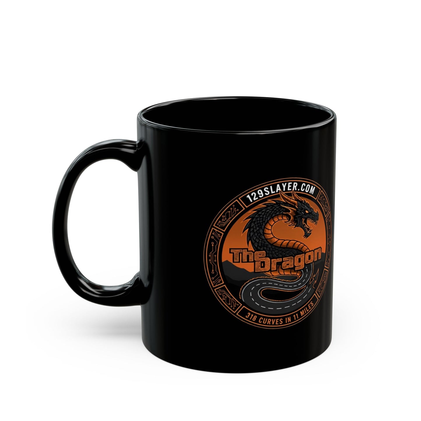Dragon Emblem Black Mug — Orange Vintage Dragon Logo Coffee Cup (11oz & 15oz)