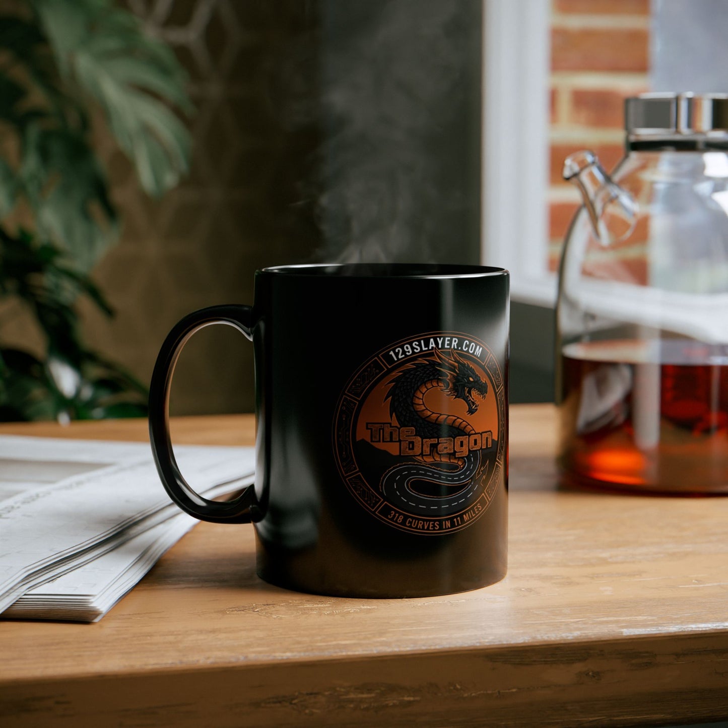 Dragon Emblem Black Mug — Orange Vintage Dragon Logo Coffee Cup (11oz & 15oz)