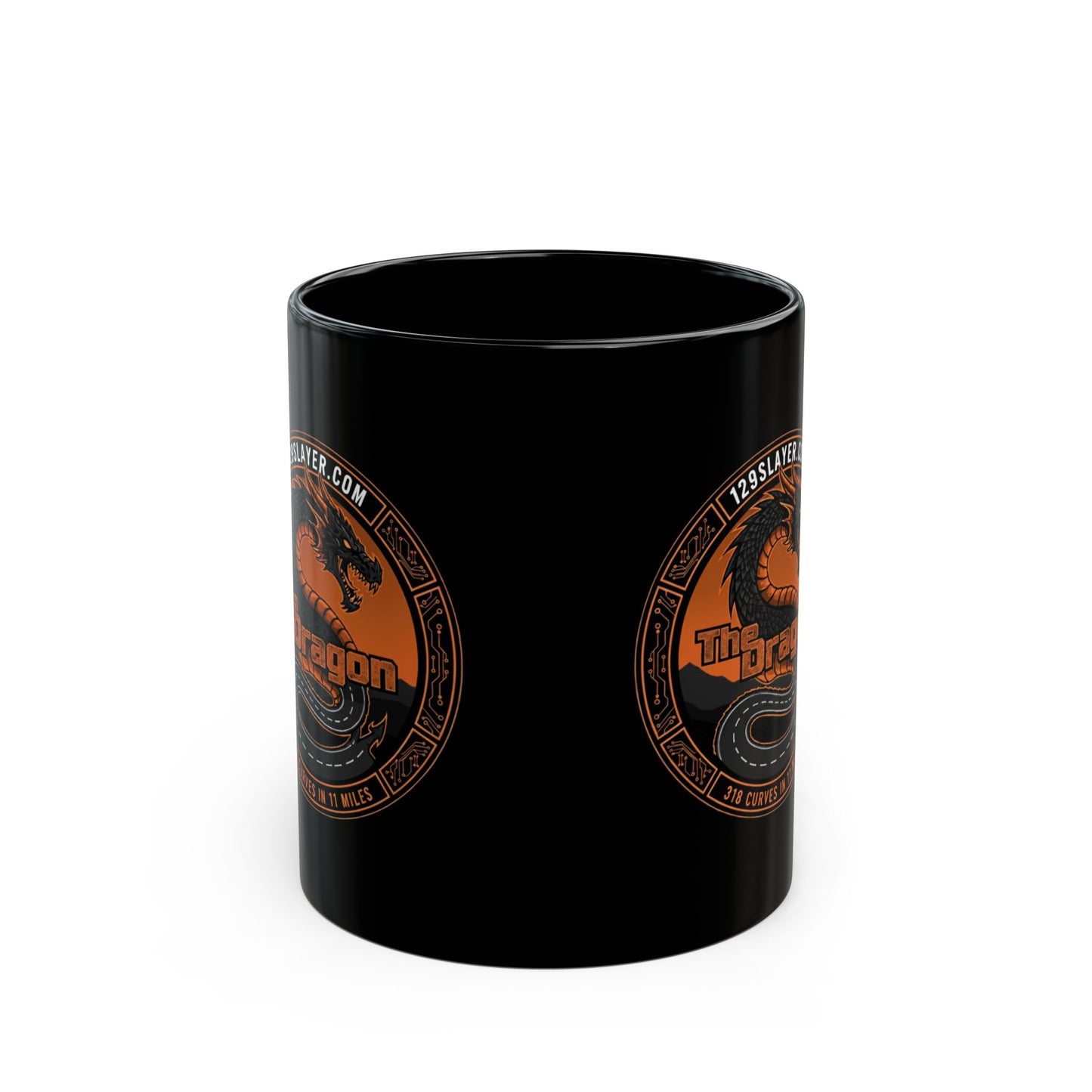 Dragon Emblem Black Mug — Orange Vintage Dragon Logo Coffee Cup (11oz & 15oz)