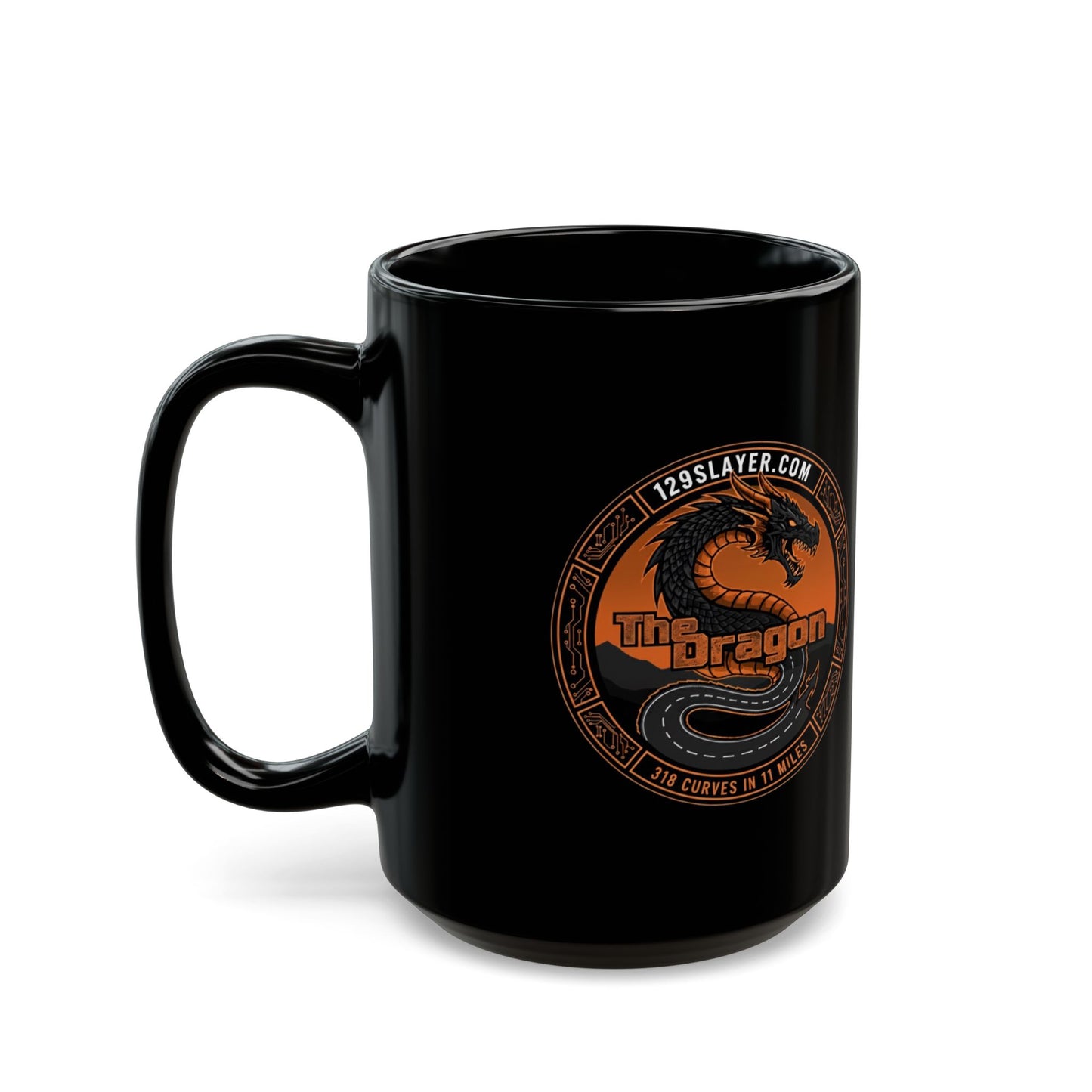 Dragon Emblem Black Mug — Orange Vintage Dragon Logo Coffee Cup (11oz & 15oz)
