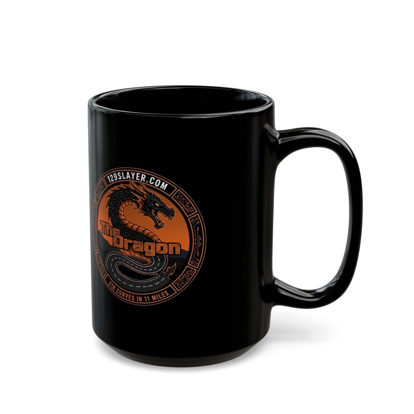 Dragon Emblem Black Mug — Orange Vintage Dragon Logo Coffee Cup (11oz & 15oz)